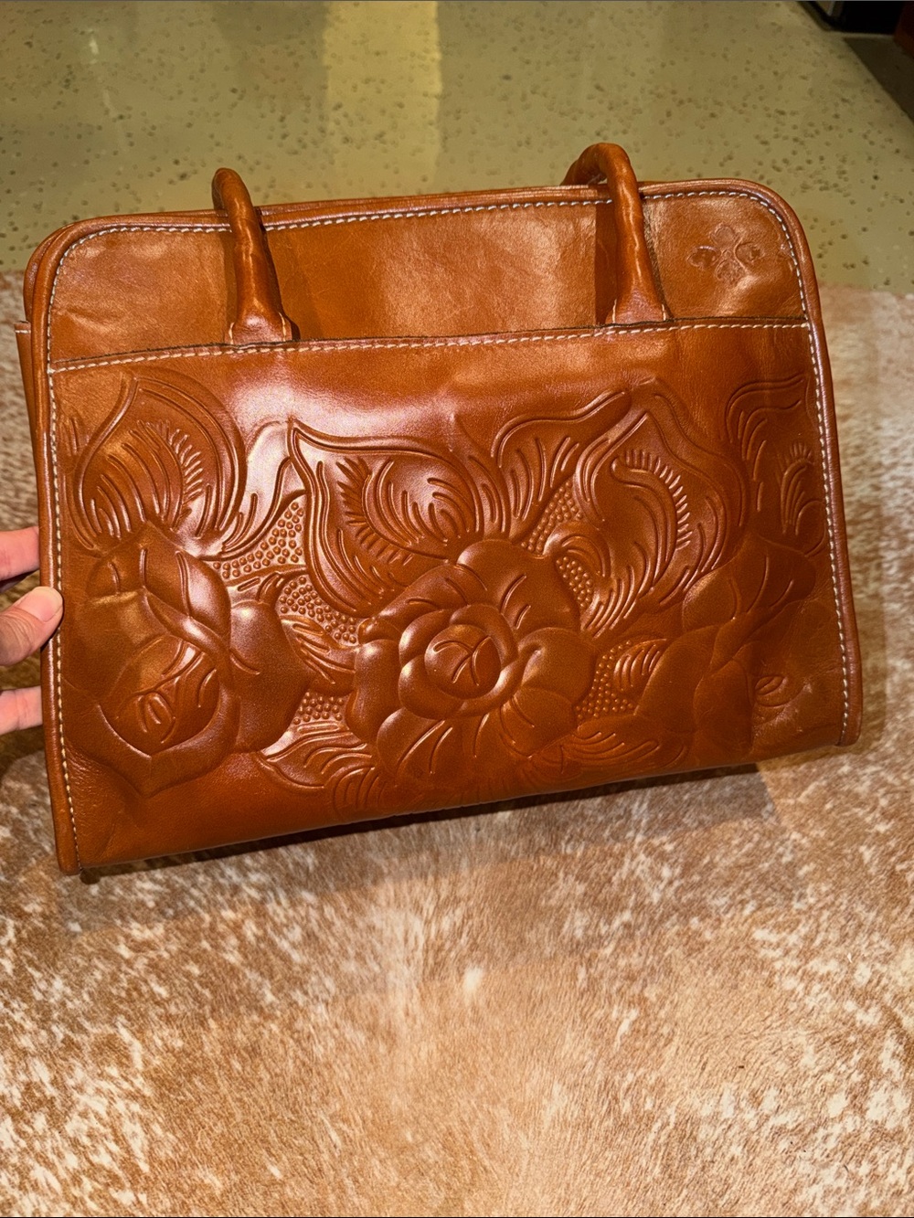 Patricia Nash Embossed Floral Satchel in Cognac